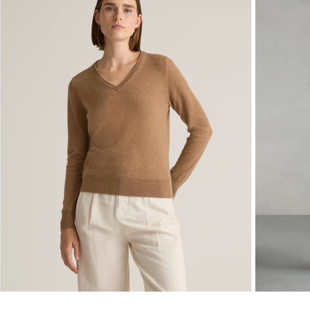 Quince 100% Cashmere V-neck Sweater in Camel